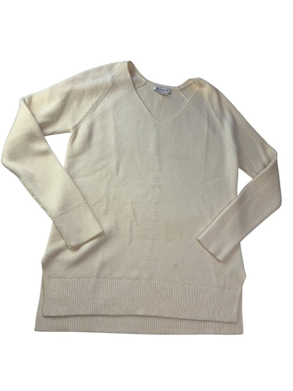 ATHLETA Long Sweater V Neck Ivory Off-White, Cream, Women's Small Wool Polyester